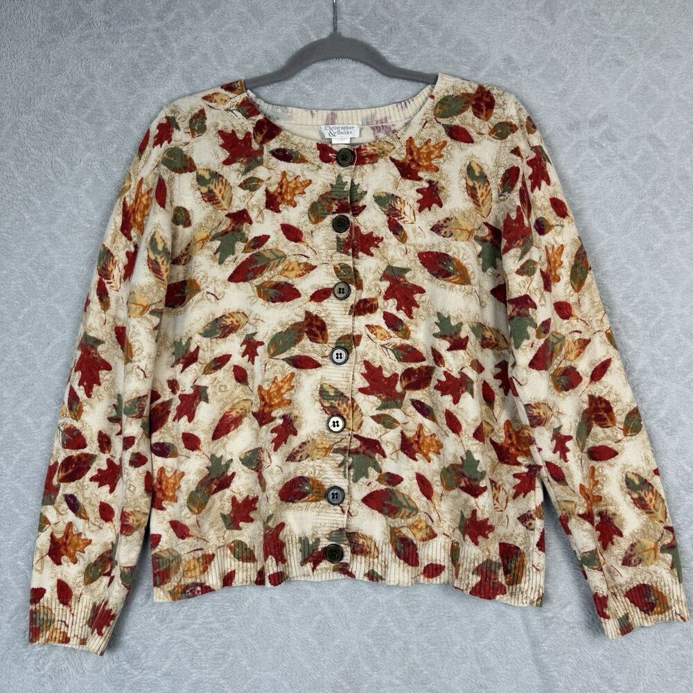 Vtg Fall Leaves Cardigan Sweater Womens Large Autumn Y2K Cottagecore Cotton Wool
